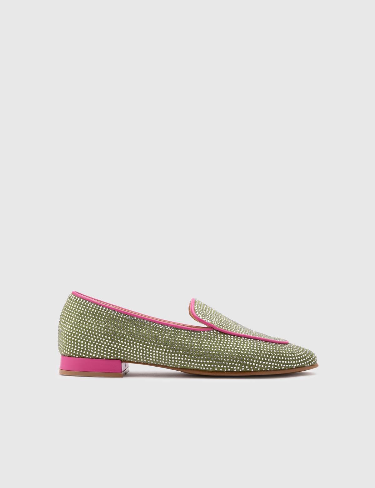 Himari Grüner Wildleder-Loafer für Damen mit Steinen 