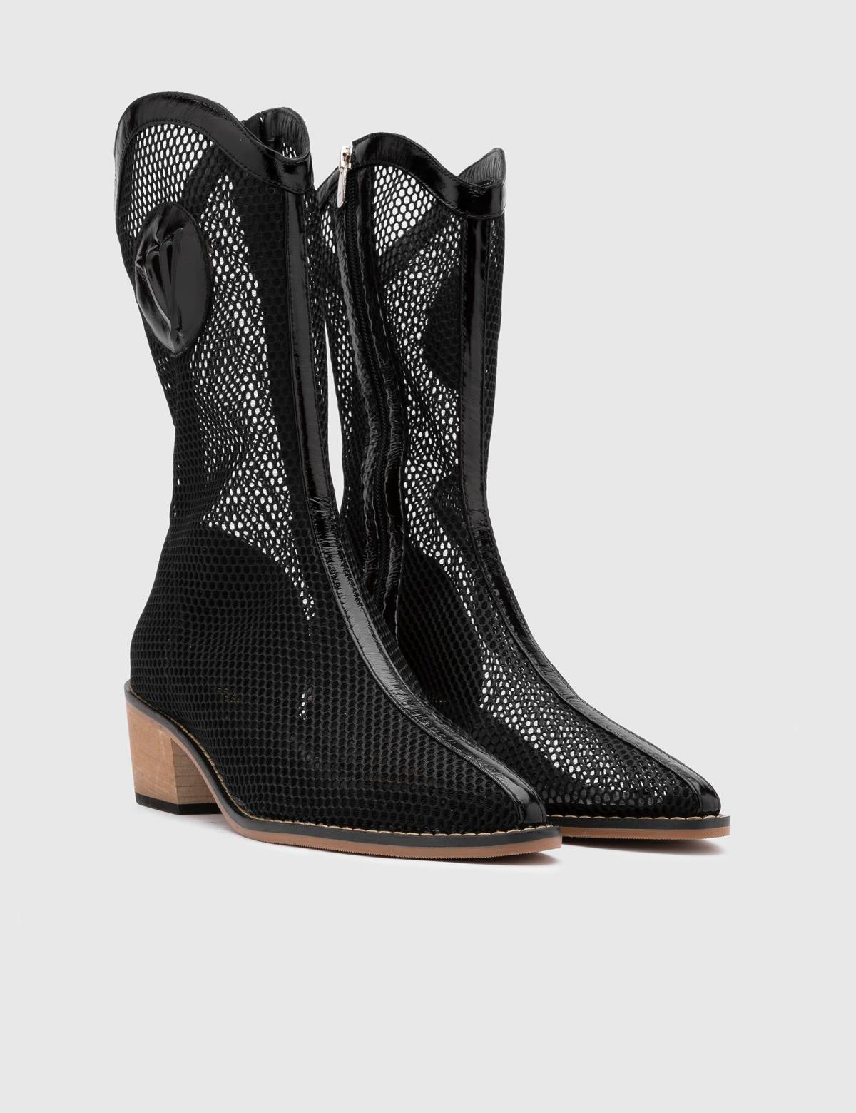 Reijo – Schwarze Stiefel mit Absatz aus Lackleder und Mesh für Damen