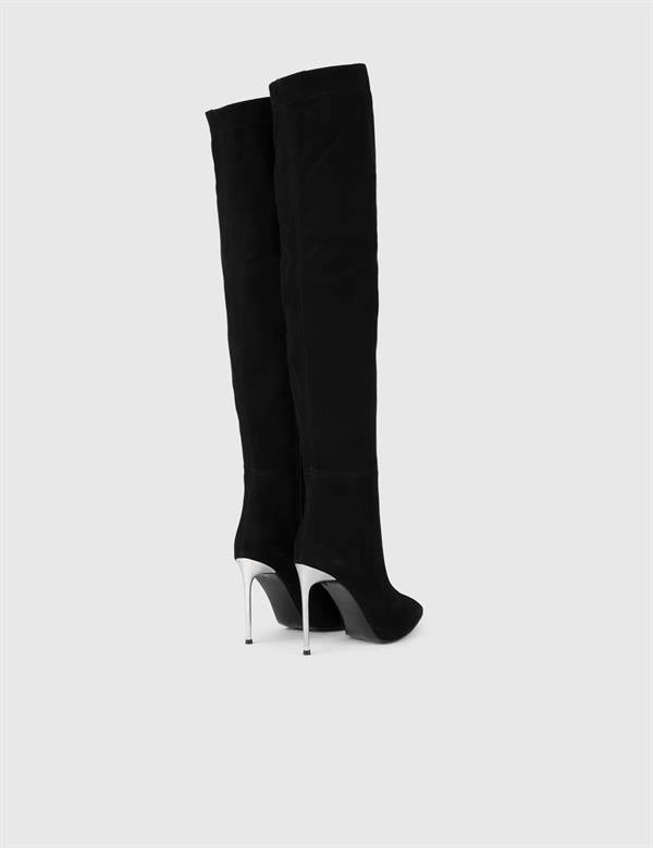 Degeles Black Suede Leather Women's Heeled High Boot