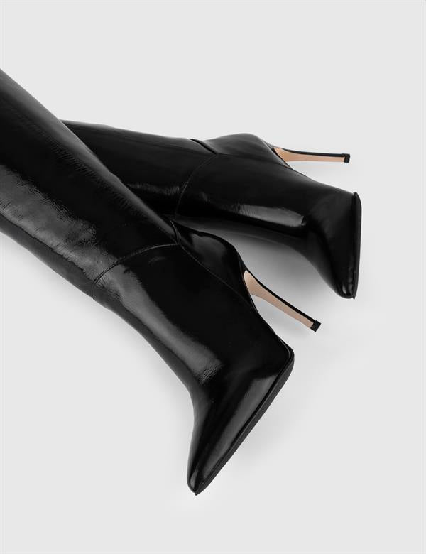 Flin Black Wrinkled Patent Leather Women's Heeled High Boot