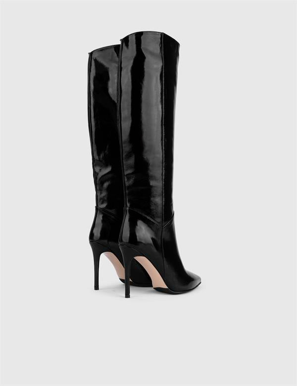 Flin Black Wrinkled Patent Leather Women's Heeled High Boot