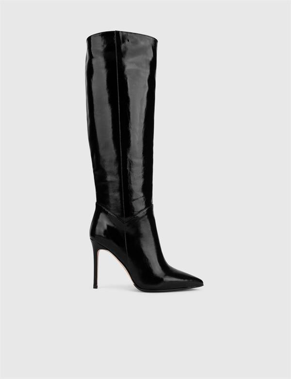 Flin Black Wrinkled Patent Leather Women's Heeled High Boot