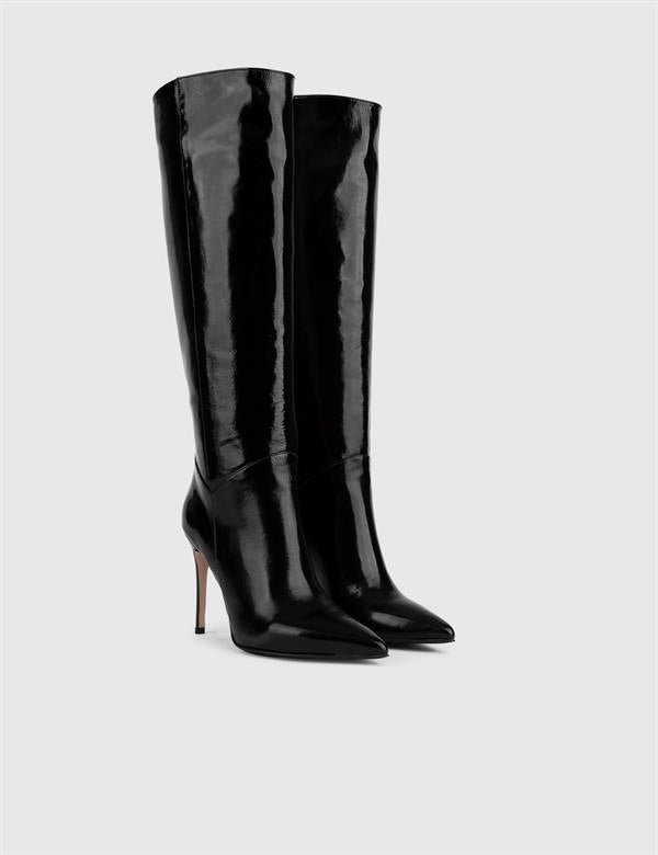 Flin Black Wrinkled Patent Leather Women's Heeled High Boot