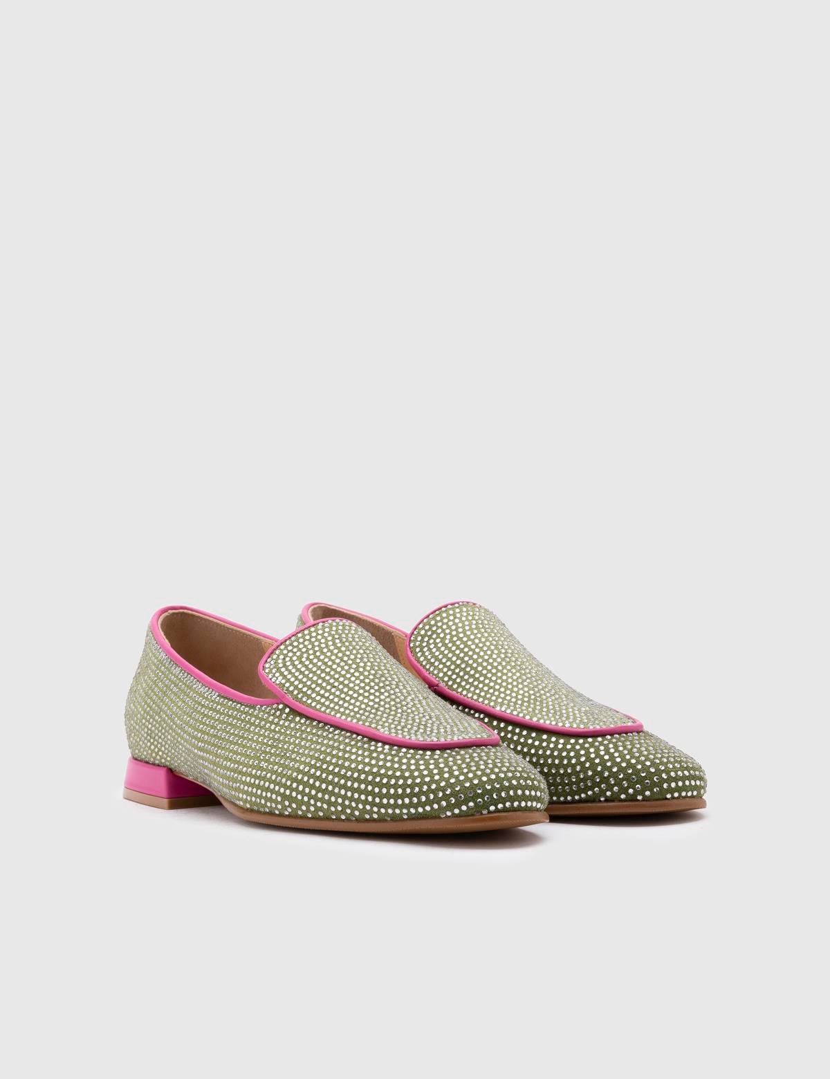 Himari Grüner Wildleder-Loafer für Damen mit Steinen 