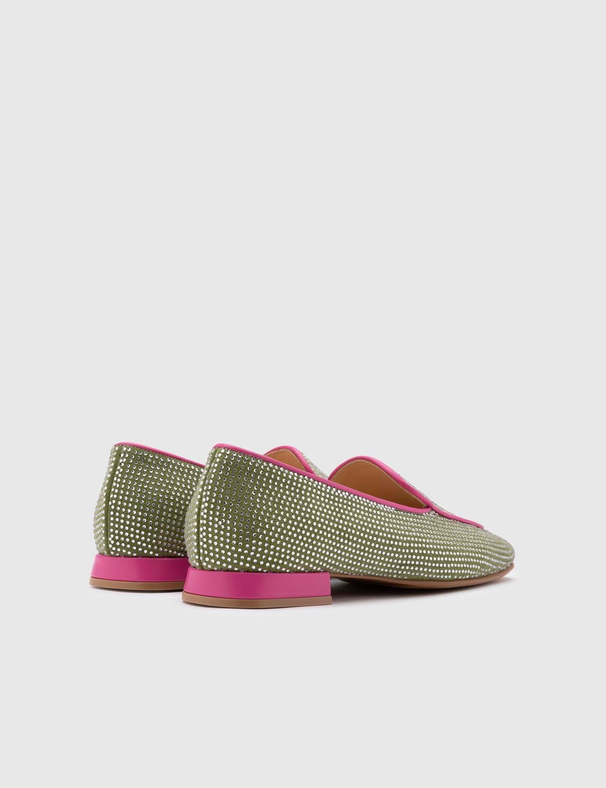 Himari Grüner Wildleder-Loafer für Damen mit Steinen 