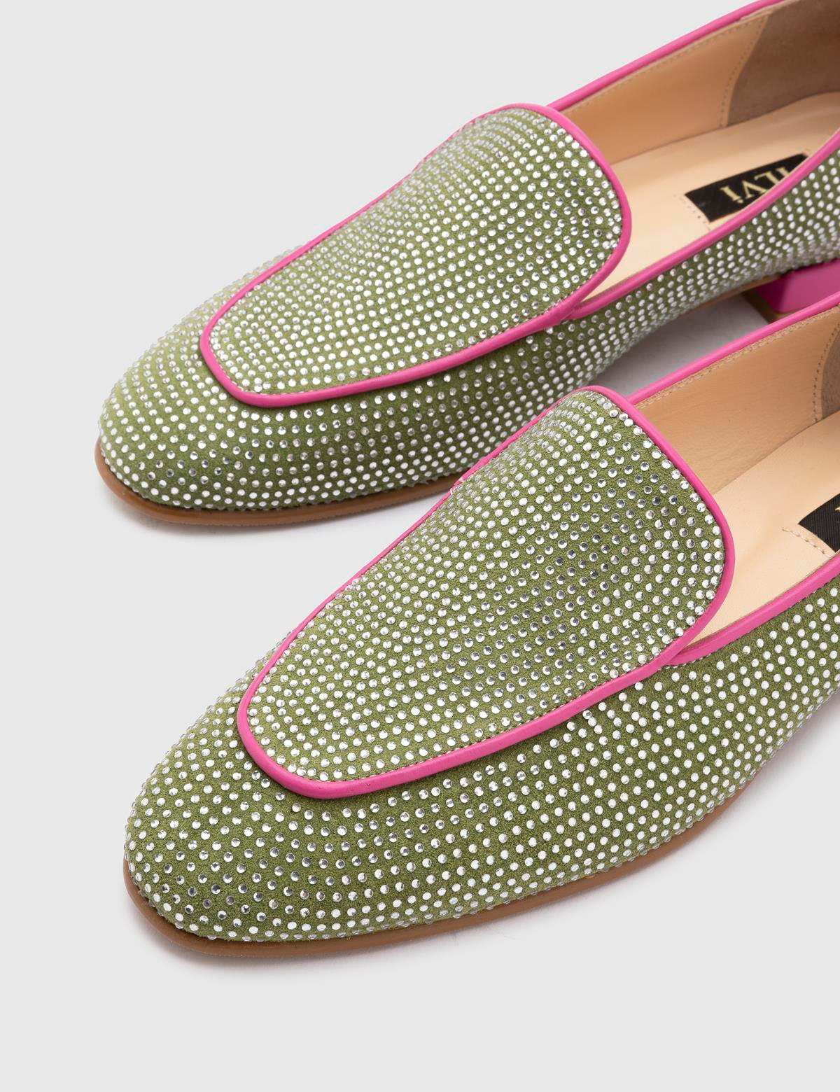 Himari Grüner Wildleder-Loafer für Damen mit Steinen 