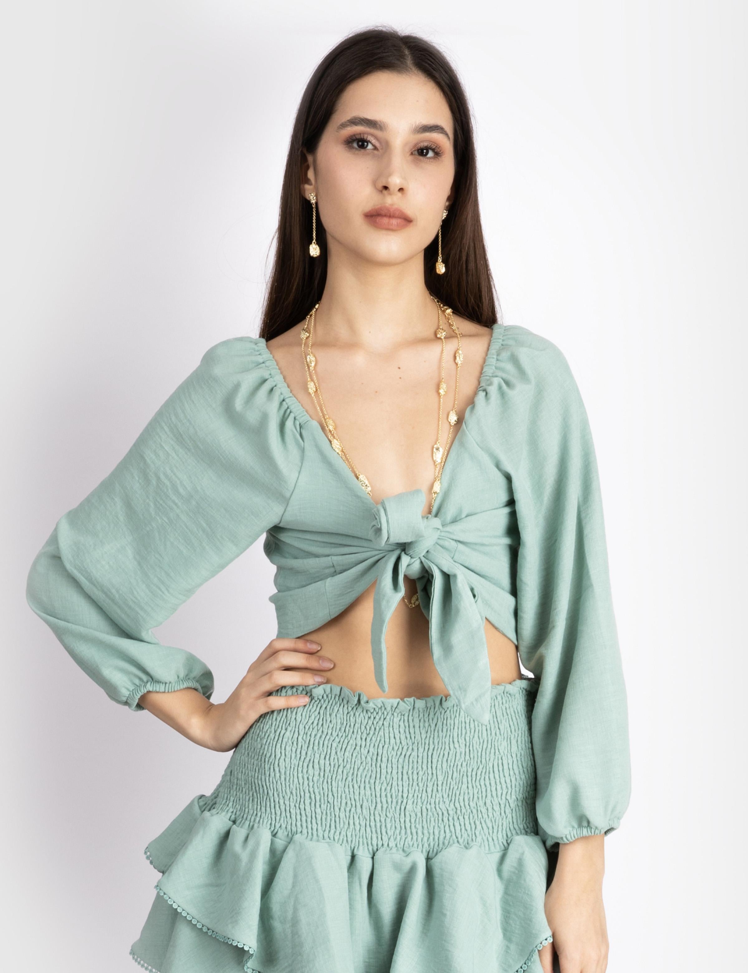 Melena Green Women's Crop Blouse and Skirt Set