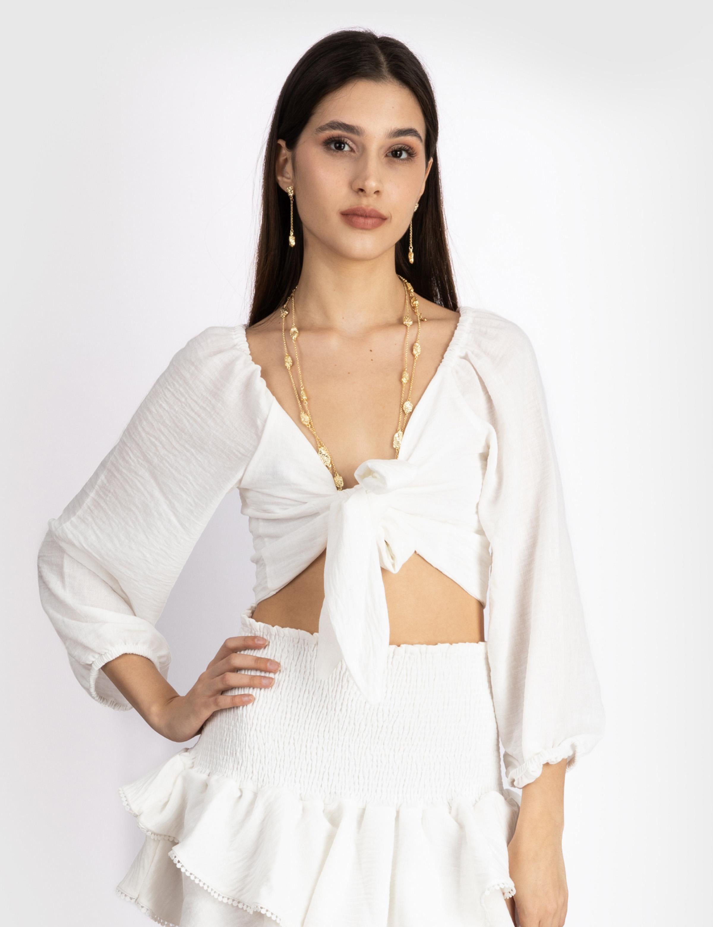 Melena White Women's Crop Blouse and Skirt Set