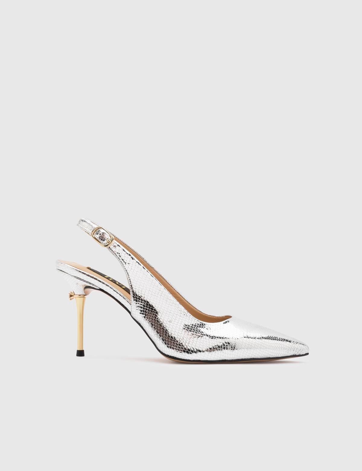 Panya Silver Leather Women's Heeled Sandal with Snake Print